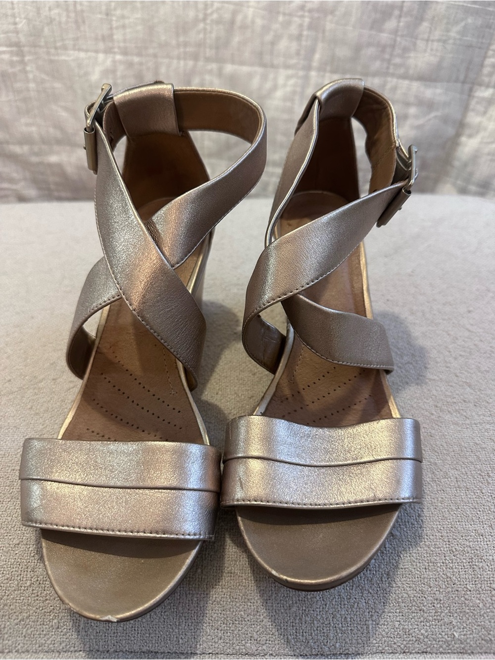 Clarks Metallic Taupe Crisscross Ankle Strap Sandals